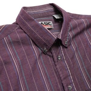 Basic Options Mens Medium Purple Striped Button Up Shirt Vintage Short Sleeve